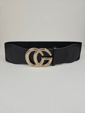 Black Stretch Waist Belt Gold Rhinestone Double Circle Buckle 29”-39”